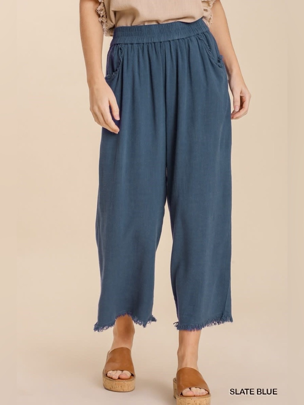 Umgee Elastic Waist Frayed Hem Wide Leg Pants in Slate Blue
